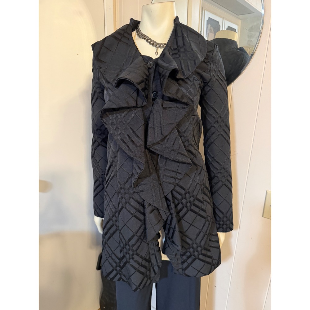 Tabitha Anthropologie Black Ruffle Front Plaid Jacquard Jacket Blazer Size 4